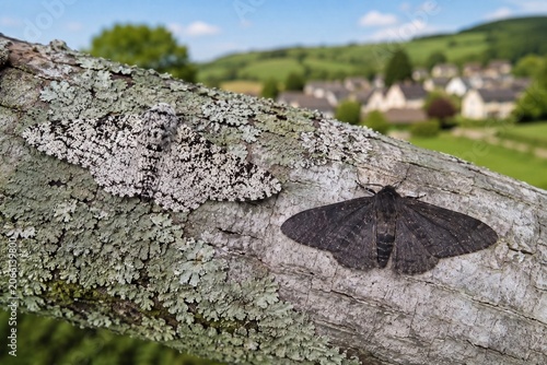 Two Peppered Moths Resting on Lichen Covered Tree Branch
