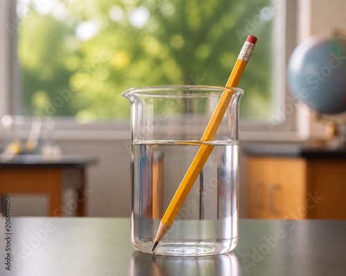 Yellow Pencil in Glass Beaker Demonstrating Light Refraction in Classroom