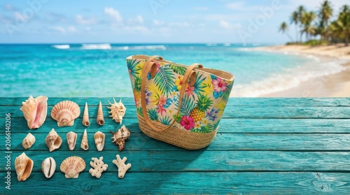 Colorful Beach Bag with Seashells and Tropical Scene on Wooden Pier.