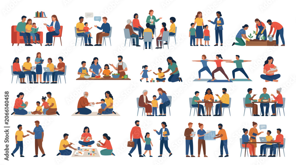 Fototapeta premium Diverse People Family Education Community Activities Flat Vector Illustrations