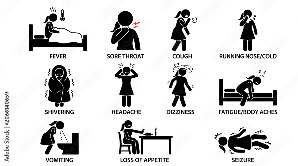 Fototapeta premium Set of Common Illness Symptoms and Medical Condition Pictograms