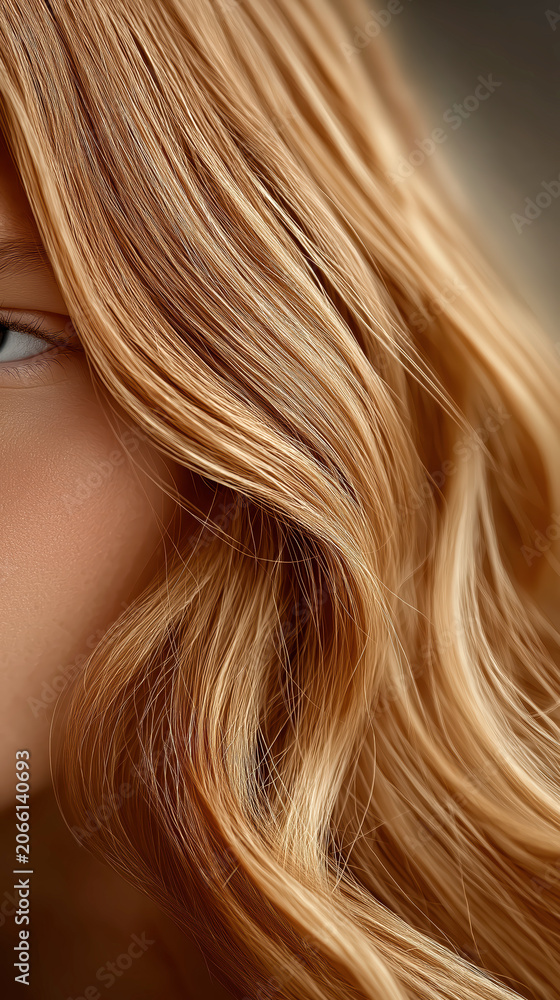 Fototapeta premium Woman Looking Forward Past Wavy Strands Of Golden Blonde Hair Wearing Neutral Outfit