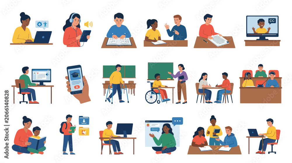 Fototapeta premium Flat Style Vector Illustrations of Diverse Students in Online and In-Person Education