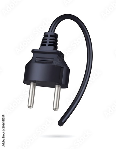 A black electrical plug with two silver prongs and a curved cord on a white background