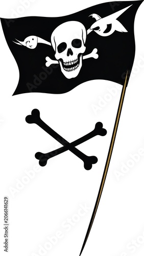 A black flag with a white skull, crossbones, and bird, on a pole