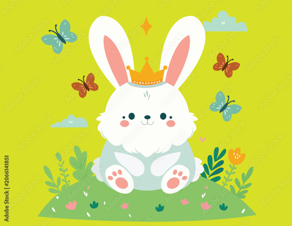 Obraz premium Cute white bunny wearing a gold crown in a spring meadow vector illustration