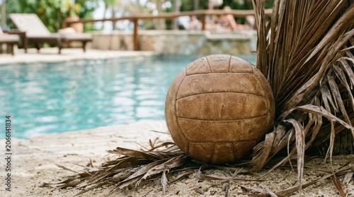 Decorative Coconut and Palm Tree Near Poolside Scene.