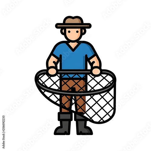 Cartoon boy wearing plaid shirt and cap standing.
