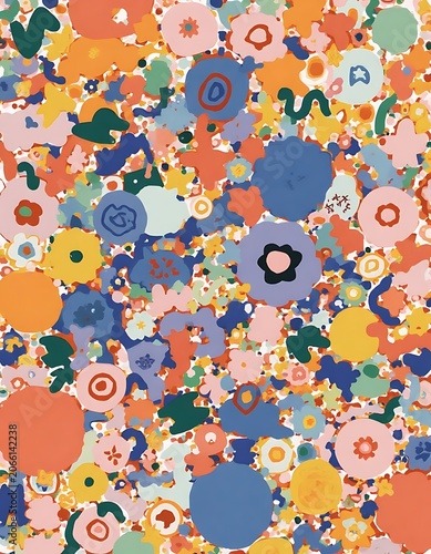 Vibrant Floral Pattern with Bold Blues, Oranges, and Greens on White Background