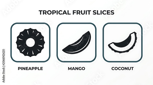 Tropical fruit slices pineapple mango coconut.