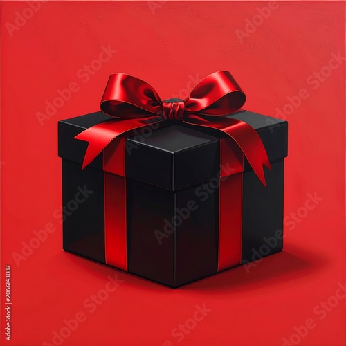 A black gift box with a red ribbon tied into a bow on top