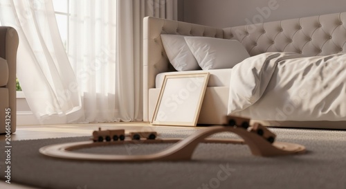 Cozy bedroom with tufted headboard and wooden train track on carpet