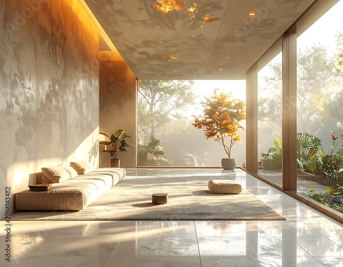 A serene room with a minimalist aesthetic features a long cushioned bench