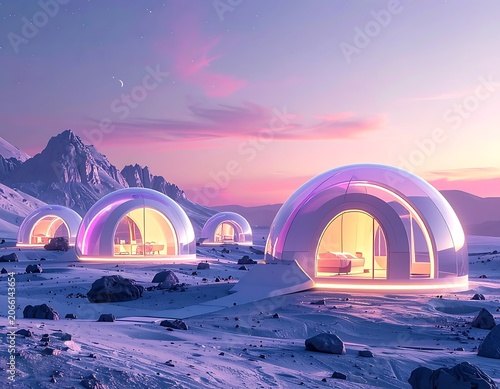 A serene snowy landscape with futuristic glowing domes at sunset