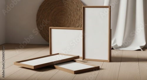 Minimalist wooden framed blank canvases and trays on a textured floor