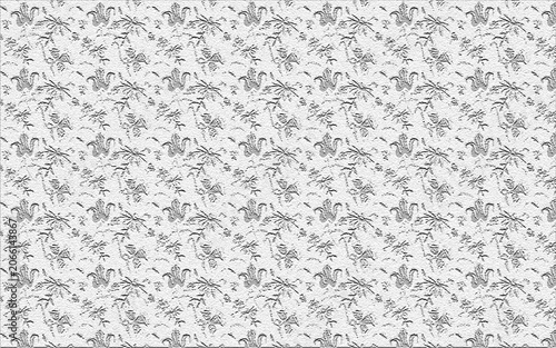 Embossed white floral pattern with palm tree silhouettes and tropical leaves creating elegant stone like texture for home decor