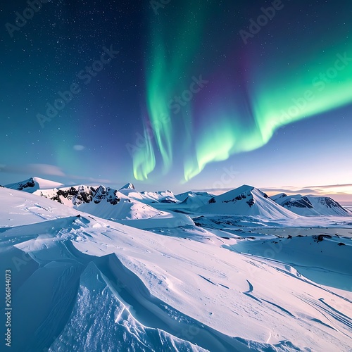 A snowy landscape under the vibrant green and purple aurora borealis