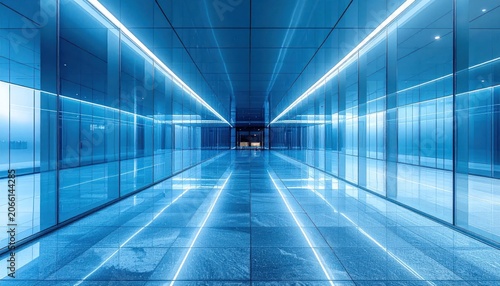 Futuristic blue glass hallway with glowing neon lights