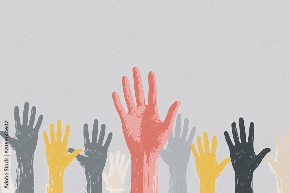 Fototapeta premium Colorful hands raised together in unity gesture against plain background