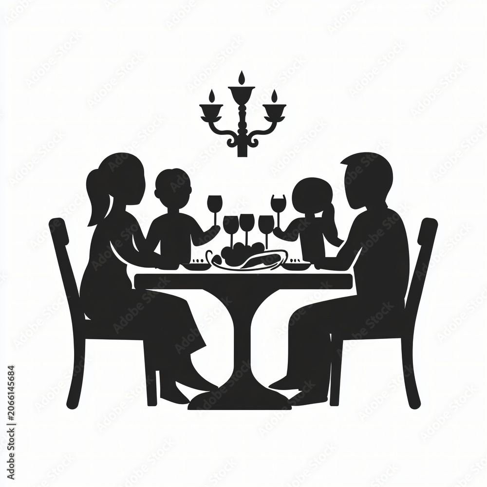 Fototapeta premium Family Thanksgiving Dinner Silhouette at Dining Table Black and White Holiday Celebration Vector Illustration