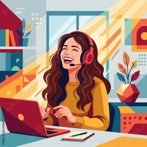 A vibrant woman in red headphones and a microphone laughs, enjoying a productive online video call or remote work from her bright, modern home office.
