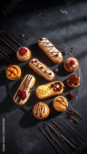 Assorted sweet pastries on a dark background with forks