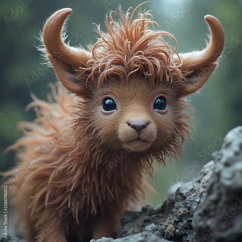 Adorable Fluffy Creature with Horns Gazing in Forest