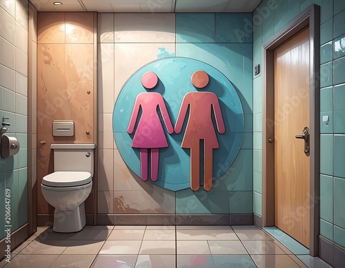 A bathroom interior with a toilet and a sign of a man and woman holding hands