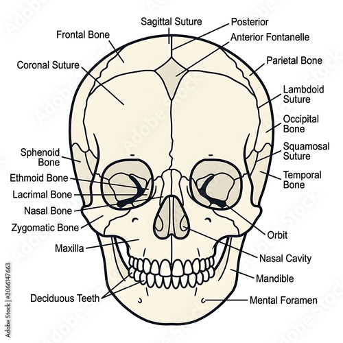 Anatomical diagram of infant skull bones and sutures.