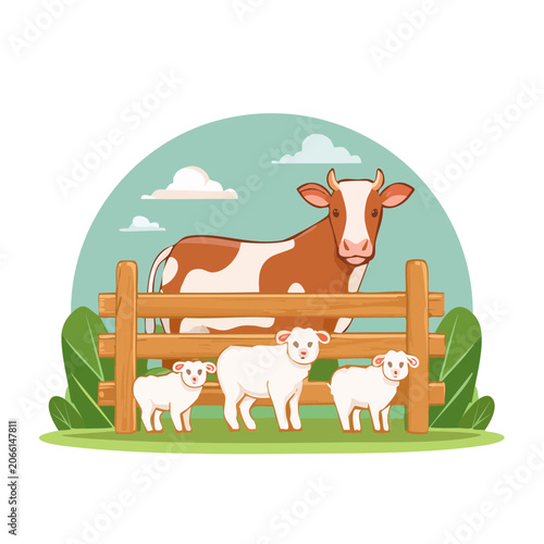 Cartoon Cow and Lambs in a Farm Scene