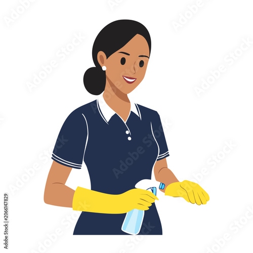 Woman in uniform cleaning with spray bottle and gloves