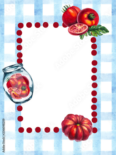 Tomato Girl Summer background with fresh red tomatoes, blue striped textile, Mediterranean market aesthetic, Italian summer lifestyle, rustic farmhouse charm, seasonal harvest concept