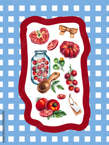 Tomato Girl Summer background with fresh red tomatoes, blue striped textile, Mediterranean market aesthetic, Italian summer lifestyle, rustic farmhouse charm, seasonal harvest concept