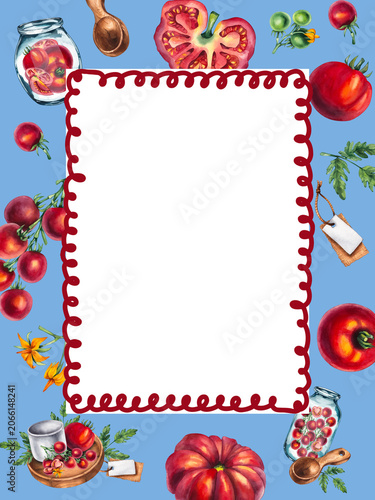 Tomato Girl Summer background with fresh red tomatoes, blue striped textile, Mediterranean market aesthetic, Italian summer lifestyle, rustic farmhouse charm, seasonal harvest concept