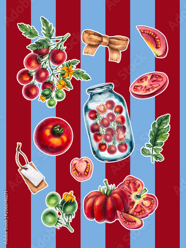 Tomato Girl Summer background with fresh red tomatoes, blue striped textile, Mediterranean market aesthetic, Italian summer lifestyle, rustic farmhouse charm, seasonal harvest concept