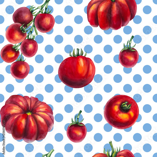 Tomato Girl Summer pattern with fresh red tomatoes, blue striped textile, Mediterranean market aesthetic, Italian summer lifestyle, rustic farmhouse charm, seasonal harvest concept