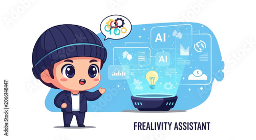 Chibi male freelancer wearing a blue beanie and suit interacting with a futuristic holographic AI display showing charts, gears, a lightbulb, and data analytics on a white background.
