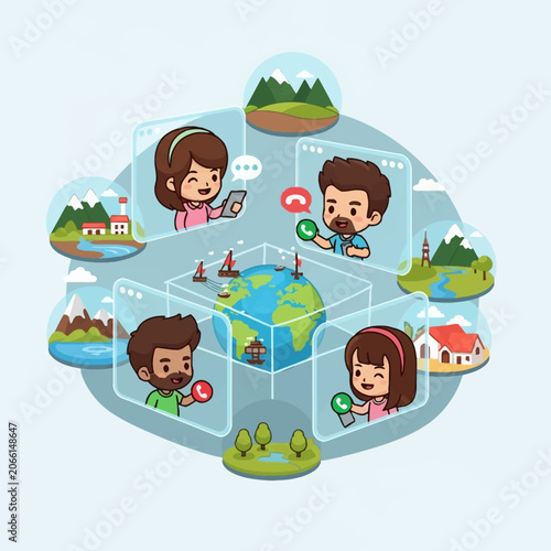 Chibi style vector illustration of four diverse people in digital windows making video calls around a central globe, surrounded by landscape bubbles showing mountains and houses.