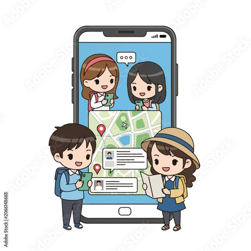 Chibi friends planning travel using a large smartphone navigation app showing GPS map, location pins, and chat interface, isolated illustration on a white background.