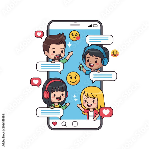 Vector illustration of four diverse cute chibi friends interacting through a smartphone app, featuring speech bubbles, heart notification icons, and various emojis on white.