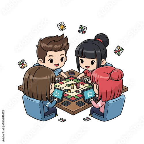 Vector illustration of four diverse chibi friends sitting at a table playing a hybrid board game with gaming laptops, colorful tokens, and game tiles, isolated on a white background.