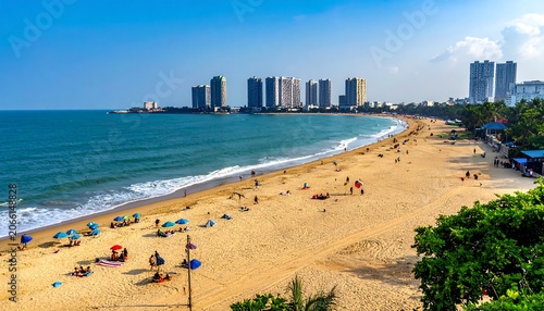 A beach scene with people, buildings, and greenery under a blue sky