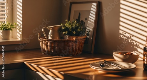 Warm sunlight streams through blinds illuminating a cozy kitchen still life