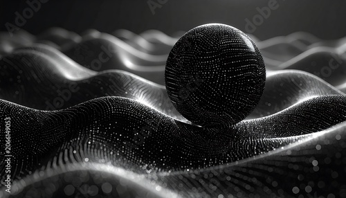 A black and white image of a sphere on wavy textured surface