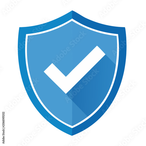Blue shield with white checkmark, flat design