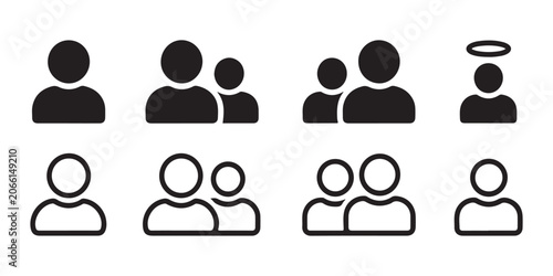 Set of person silhouette icons showing groups and individual figures for community and family concepts.