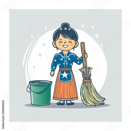 Cartoon woman with broom and bucket for cleaning