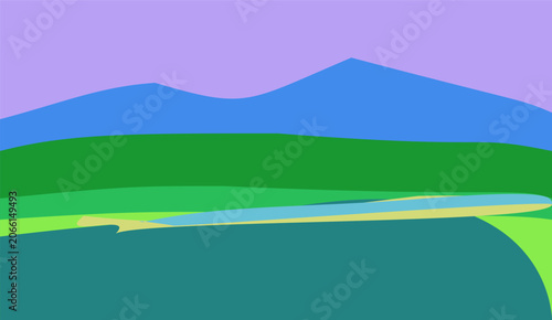 Foto Colorful layered mountain and river landscape illustration