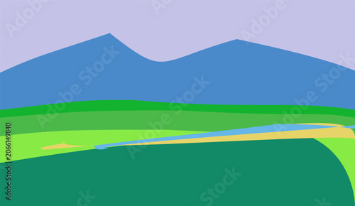 Fotografía Green hillside landscape with winding road and mountain background