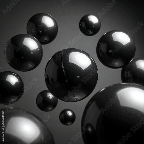 A black and white image of shiny reflective spheres of various sizes